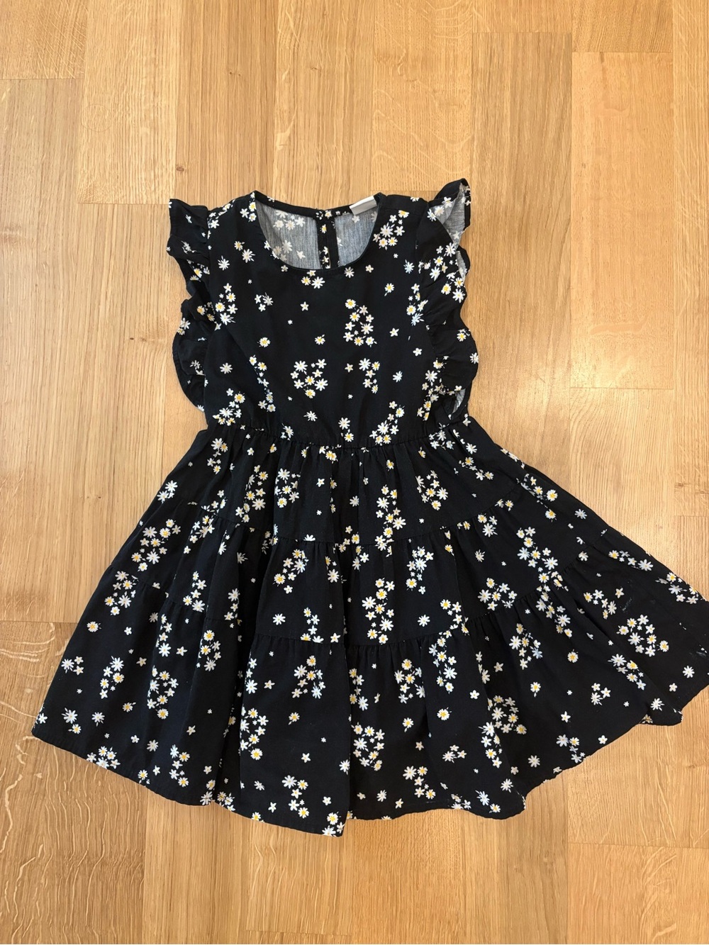 Waikiki Girls' Black Daisy Print Ruffle Sleeve Dress 100% cotton Turkish textile